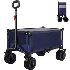 FEAHRZEUG Collapsible Beach Trolley Cart Folding Wide Wheels All-terrain Heavy Duty Beach Wagon with Brakes 140L Large Capacity Garden Trolley Cart Camping Picnic Outdoo