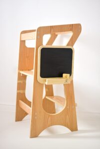 Family Of Five Oak Montessori Learning Tower - Toddler Step Stool with 3 Adjustable Heights - Toddler Kitchen Helper Stand with Detachable Chalkboard