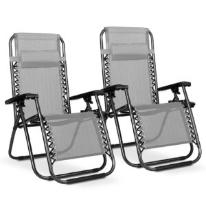 CAMROSA Recliner Garden Chairs Set of 2 Heavy Duty Zero Gravity Chairs Outdoor Garden Sun Lounger Folding Garden Chairs Textoline Grey