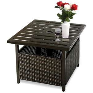 COSTWAY Rattan Patio Wicker Bistro Dining Tables Square Umbrella Table with Storage Space