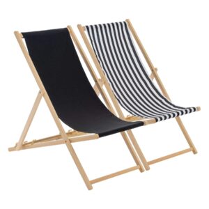 Harbour Housewares 2 Piece Black & Black Stripe Wooden Deck Chair Traditional FSC Wood Folding Adjustable Garden/Beach Sun Lounger Recline