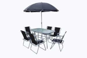 6 Seater Metal Garden Set Outdoor Bistro Dining Patio Conservatory Sunroom. Rectangle Table and Chair Set 8 Piece Black Fabric Folding Chair Tempered Glass Table and Parasol