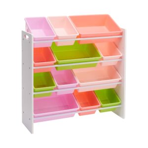 Amazon Basics Kids’ Toy Storage Organiser with 12 Plastic Bins - White Wood with Pink Bins