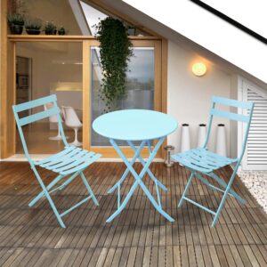 GardenAddict Luxury Bistro Set 3 Pieces Heavy-duty Folding Garden Table and Chairs Outdoor Patio Balcony Garden Furniture 1 Round Table and 2 Chairs (Blue)