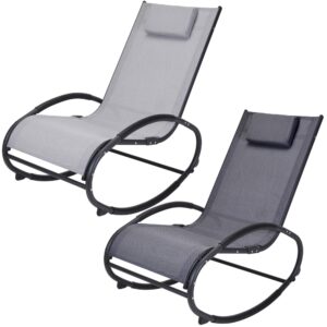 Comfortable Outdoor Garden Patio Metal Rocking Lounger Chair With Head Pillow (Light Grey)