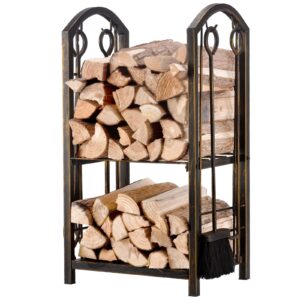 Amagabeli Fireplace Firewood Log Rack with Tool Sets Indoor Wood Holders Fireplace Outdoor Lumber Storage Stacking Stove Wrought Iron Large Logs Bin Fireside Fire Pit Tongs Accessories Vintage Bronze
