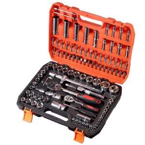 Socket Sets Justech 108-Piece 1/4"&1/2" Socket Wrench Spanner Set with Bits Set CR-V Steel Mechanic Tool Set Quick Release Ratchet Wrench with Plastic Box for DIY