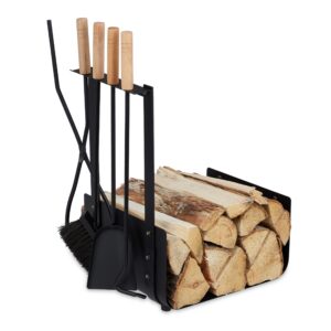 Relaxdays Metal Firewood Basket with 4 Pieces Fireplace Cutlery Shovel Broom Tongs & Poker for Indoor Modern Black 1 Piece
