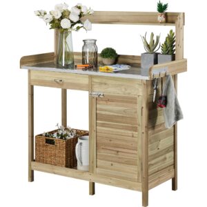 Yaheetech Potting Bench Table Garden Wood Planting Bench Table with Cabinet and Drawers Metal Surface Work Station Bench with Hooks and Shelf