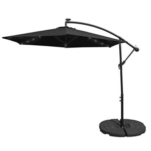 LED Cantilever Parasol 3m Banana Hanging Umbrella Garden Sun Shade Canopy Patio 360 Rotation Tilt UV Protection Winding Crank 24 Solar Powered Cool White LED Lights Waterproof Rain Cover & Base