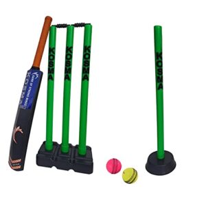 Kosma Kwik Cricket Set | Crazy Cricket Set | 1 x Bat No.6 | 2 x Cricket Balls | Wicket Stump set with Bails & stand | Single Target Stump with base | Neon Green & Grey Colou
