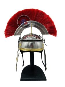 Roman Centurion Helmet w/Red Plume Armor | Medieval Metal Replica Helmet Wooden Stand