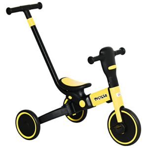 HOMCOM 4 in 1 Kids Trike with Parent Handle Toddler Balance Bike Push Along Trike Tricycle for Boys Girls 18 month to 4 Years Yellow