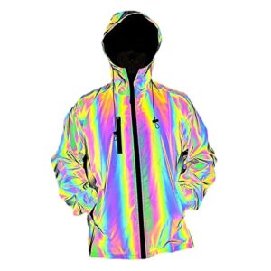 Women S Light Jacket Glow Rainbow Hip Hop Jackets Black Reflective Jacket for Men and Women Hooded Zipper Waterproof Coat Windbreakers Teen Jackets Girls
