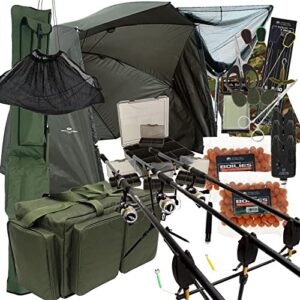 Carp Fishing Setup 3pc 12ft 2/3 Rods & Reels Bite Alarms Net Pod Carryall Bag Rod Holdall Brolly & Tackle Complete Se