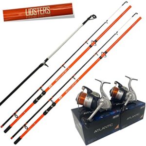 2 x LFS Beachcaster Sea Beach Fishing Rod 12ft 2pc + LFS Atlantic 70 Reel Orange