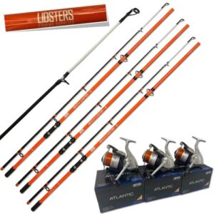 3 x LFS Beachcaster Sea Beach Fishing Rod 12ft 2pc + LFS Atlantic 70 Reel Orange