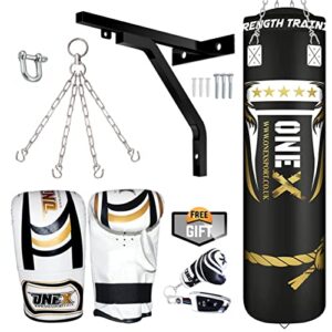 SOO Punch Bag Boxing Training 4FT Punch Bag Set Leather Heavy Punching Bag with Gloves Wall Bracket Hanging Chains Boxing MMA Kickboxing Adult Fitness Gym Home