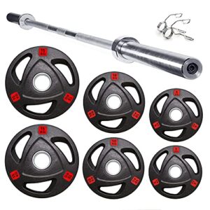 7ft Olympic Barbell Weight Set Tri-Grip Olympic Weight Plates 85kg total Cast Iron Rubber Coated (2.5kg+5kg+10kg+15kg Pair with 7ft Barbell)