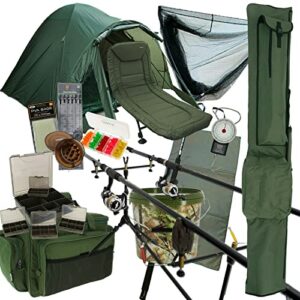 Complete Carp Fishing 2/3 Rod & Reel Set Up Bedchair Bivvy Tackle Box Holdall PVA 42" Ne