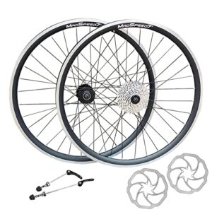 Madspeed7 QR 700c 28" (ETRTO 622x19) Hybrid Bike Wheel Set + 8 Speed Cassette (11-32t) + 160mm Disc Brake Rotors - Sealed Bearings Hubs (Very Smooth Hubs) - Double Wall