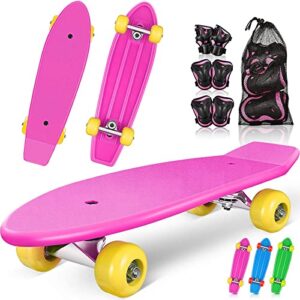Cruiser Skateboards for Kids Beginners: 21.5'' Mini Cruiser Skateboards with 6 in 1 Protective Gear Set