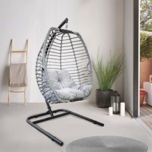 Chelsea Folding Rattan Swing Egg Chair With Stand Indoor Patio Outdoor Hanging Garden Chair Hammock Luxury Steel Hanging Egg Chair Wicker Egg Basket Seat (Single) (Grey)