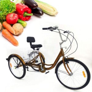 24" Adult Tricycle 6 Speed 3 Wheel Bicycle Trike Seniors Shopping Tricycle Load Bike with Large Basket and Lamp Trike Cruiser Bike Adjustable