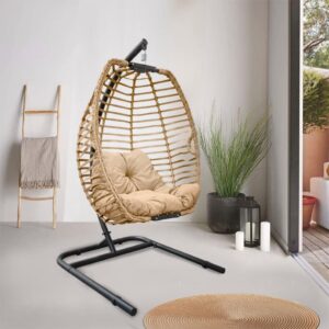 Chelsea Folding Rattan Swing Egg Chair With Stand Indoor Patio Outdoor Hanging Garden Chair Hammock Luxury Steel Hanging Egg Chair Wicker Egg Basket Seat (Single) (Beige)