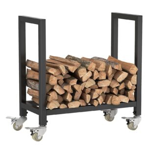 Firewood Holder Shelf with Wheels Fireplace Wood Pile Rack Lumber Storage Stacker Organizer Movable Metal Firewood Holder Stand for Outdoor Indoor (Size : 25.6 * 26.7 * 11.8inch)
