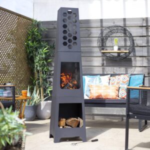 Modern Steel Chiminea Patio Heater with Honeycomb Design and Wood Storage