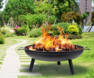 Garden Mile 23" Traditional Round Iron Fire Pit for Garden with Legs Wood Burner Firepit Black Portable Heater Log Burner Heat Resistant Fire Bowl for Outdoor Patio Decking Garden Picnics BBQ Camping