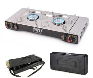 NJ SG-2S Camping Gas Stove - Double Burner Portable Butane Twin Cooker Outdoor Camp Kitchen Auto Ignition Stainless Steel Compact Plastic Carry Case and Bag