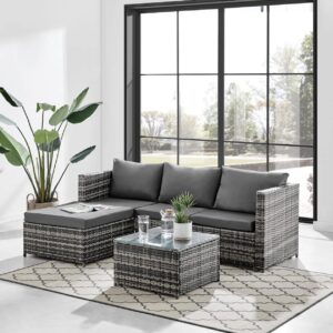 GARDENEO Rattan Corner Sofa Set Outdoor Corner Chair Patio Garden Furniture Set With Rain Cover (Brown +Light Cushions) (Mix grey + Dark grey cushions)