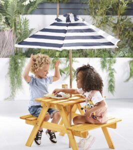 Children's Wooden Picnic Table Play Bench with Parasol