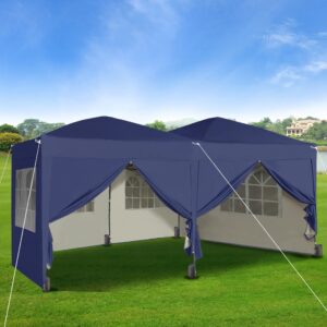 Pop-up Gazebo 3m x 6m with Sides Wind Bars & 6 Weight Bags & Silver Protective Layer Waterproof Marquee Canopy (Black/ Grey1/ Blue1/ Beige) (Blue1)