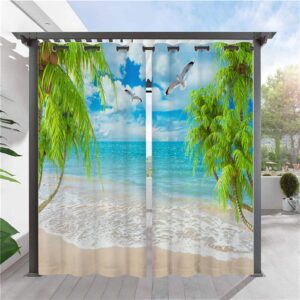 SK Studio 2 Panels Outdoor Curtains Waterproof Grommet Sunlight Blocking Privacy Curtains with Beach Ocean Palm Tree Print Pattern for Patio Pergola Gazebo Style 6
