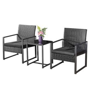 ASOWNSUN 3 Piece Rattan Garden Furniture Set Wicker Patio Furniture Sets Modern Bistro Set Rattan Dining Sets with Coffee Table for Yard Balcony/Lawn/Garden(Black)