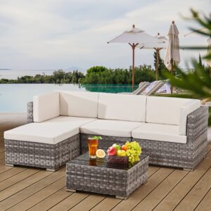 Rattan Garden Furniture Corner Sofa 5 Piece Garden Furniture Set with Pink Cushions