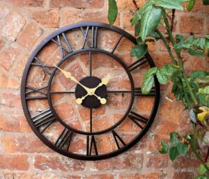 Large 50cm Modern Roman Numeral Indoor Outdoor Clock Black Clock Face with Gold Hands Large Wall Clock Skeleton Metal Retro Round Garden Battery Operated Wall Clock Home Garden Waterproof