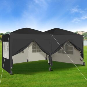 Pop-up Gazebo 3m x 6m with Sides Wind Bars & 6 Weight Bags & Silver Protective Layer Waterproof Marquee Canopy (Black/ Grey1/ Blue1/ Beige) (Black)