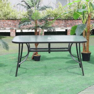 DKIEI Large Garden Dining Table Glass Top Outdoor Table with Parasol Hole Steel Frame for Patio Balcony Black 150L x 90Wcm