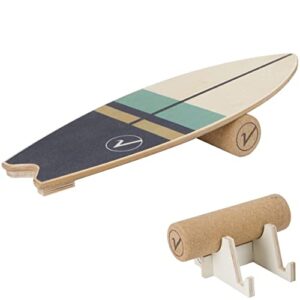 aluents Wooden Balance Board in Surfboard Shape with Wheel for Neuromuscular Response Training + Plus Holde