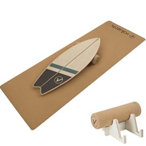 aluents Wooden Balance Board in Surfboard Shape including Mat and Wheel for Neuromuscular Response Training + Plus Holde