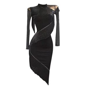 ZYMOZYM Turtle Neck See Through Back and Irregular Tassel Latin Dance Dress for Wome