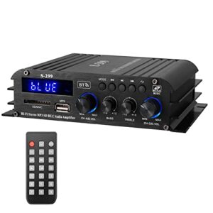 PROZOR Audio Power Amplifier 4.1 CH with 5.0 Bluetooth Receiver Bass & Treble Control 180W Stereo Audio Speaker Amp with LCD Display Remote Control for Car Home Garage Theate