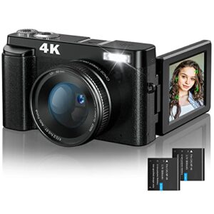 CAMKORY Digital Camera with Autofocus 4K 1080P Camera for Photography and Video Anti-Shake 16X Digital Zoom 3inch 180°Flip Screen Compact Travel Camera with Flash for Teenager Beginner Black