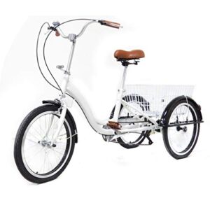 ROMYIX 20'' White Tricycle Adult 3 Wheel Bike Trike Cruiser Single Speed Elderly Bicycle w/Shopping Basket (White)