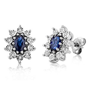 Miore Diamond and blue Sapphire stud earrings cluster setting in 925 Sterling Silver 13 x 10 mm