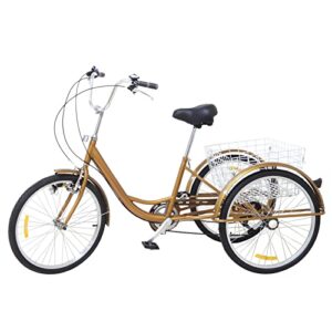 WSIKGHU 24 Inch Adult Bicycle Adult Tricycle 3 Wheel 6 Variable Speeds Bike Adult Tricycle Bike 24" Cargo Trike Cruiser Cycling Tricycle Outdoor Sports Adult Bicycles With Baskets (155-185CM